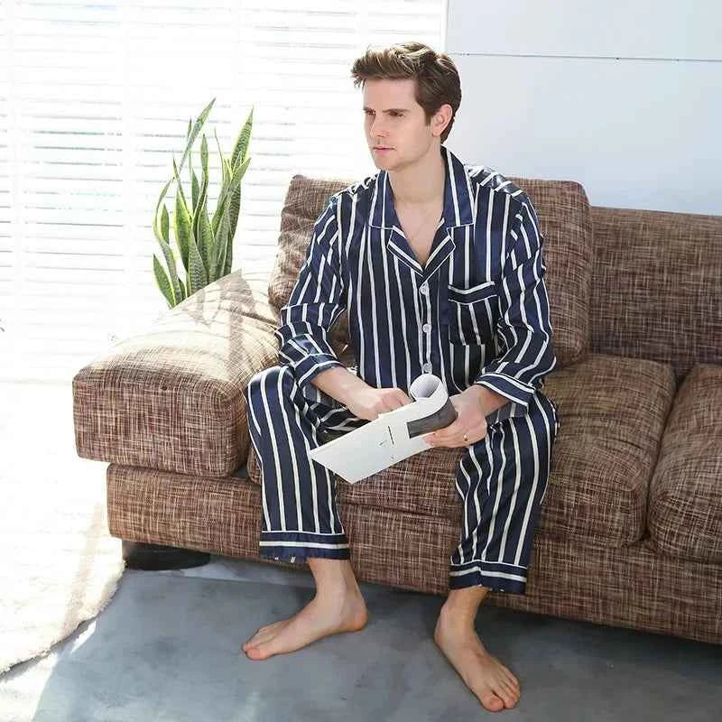 Silk Satin Pajamas for Men Sleepwear Cozy Soft Print Long Sleeve Nightgown Tops+ Trousers Two Pieces Mens Pajama Set 1 3