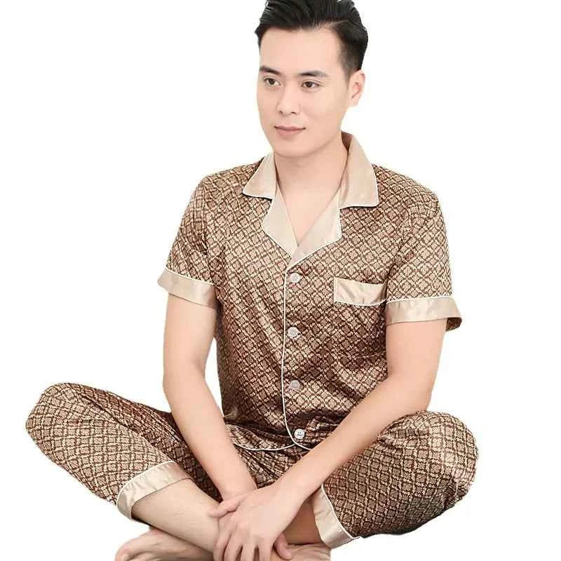 Men's Ice Silk Pajamas Set - Thin Long-sleeved Sleepwear for Spring and Autumn