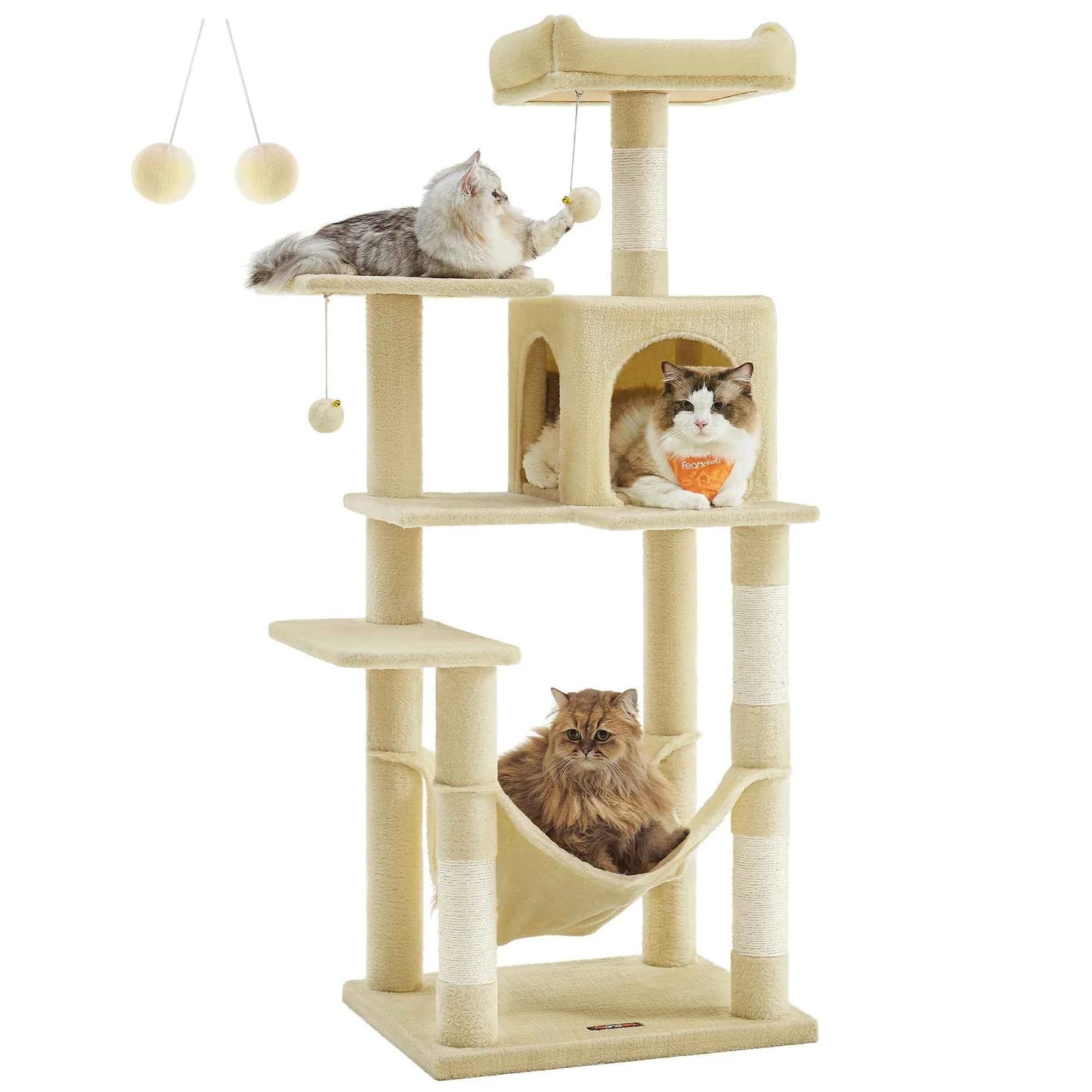 Feandrea Cat Tree for Indoor Cats - 56.3-Inch Multi-Level Cat Tower with 4 Scratching Posts, 2 Perches, Hammock, and Cave Beige United States
