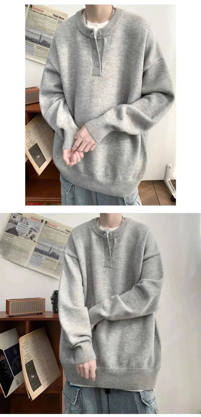 Cleanfit Men's Winter Thickened Warm Knitted Sweater Henry Collar Loose Lazy Style Solid Color Knitwear Long Sleeve Princess...