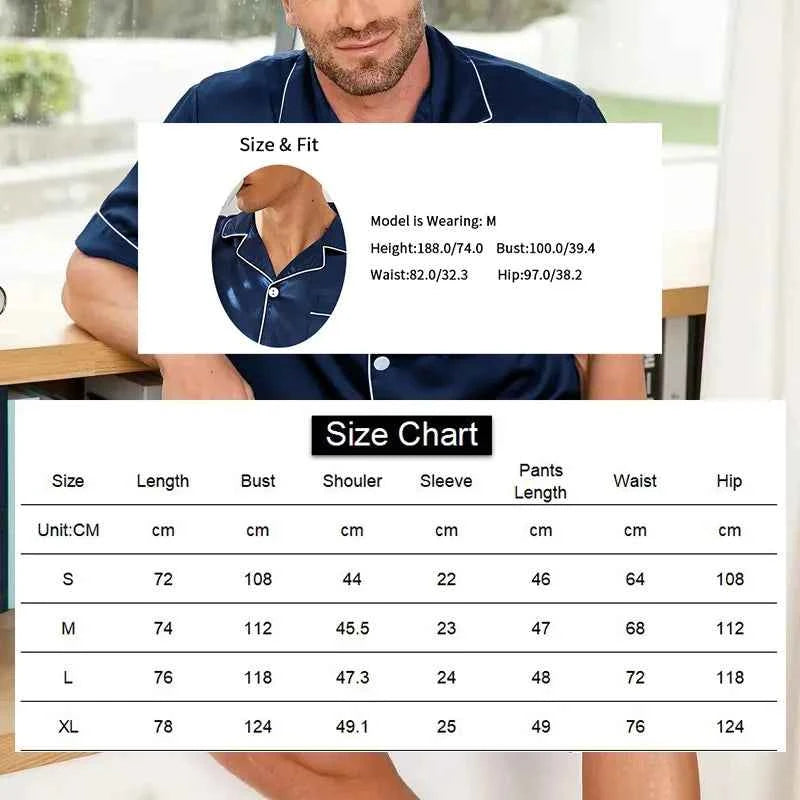 Men's Satin Pajama Set - Short Sleeve Sleepwear for Men with Button
