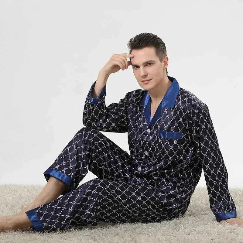 Silk Satin Pajamas for Men Sleepwear Cozy Soft Print Long Sleeve Nightgown Tops+ Trousers Two Pieces Mens Pajama Set 1 2