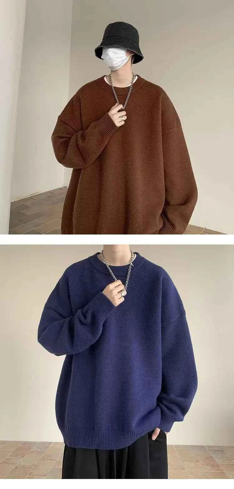 Winter Sweater Men Warm Casual Solid Color Knitted Pullover Men Oversized Korean Loose Round Neck Sweater Mens Jumper Clothes