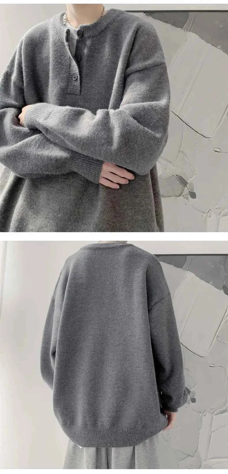 Cleanfit Men's Winter Thickened Warm Knitted Sweater Henry Collar Loose Lazy Style Solid Color Knitwear Long Sleeve Princess...