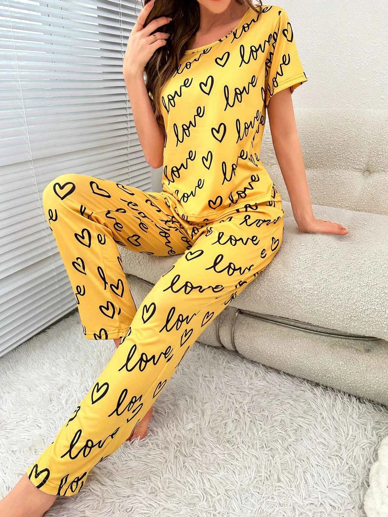 Women's Cartoon Pajama Set - Soft Short Sleeve Top and Long Pants Sleepwear for Ladies Homewear 0923A Yellow