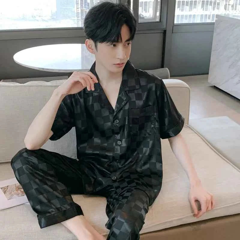 Men's Ice Silk Pajamas Set - Thin Long-sleeved Sleepwear for Spring and Autumn SY2051-heige-DC