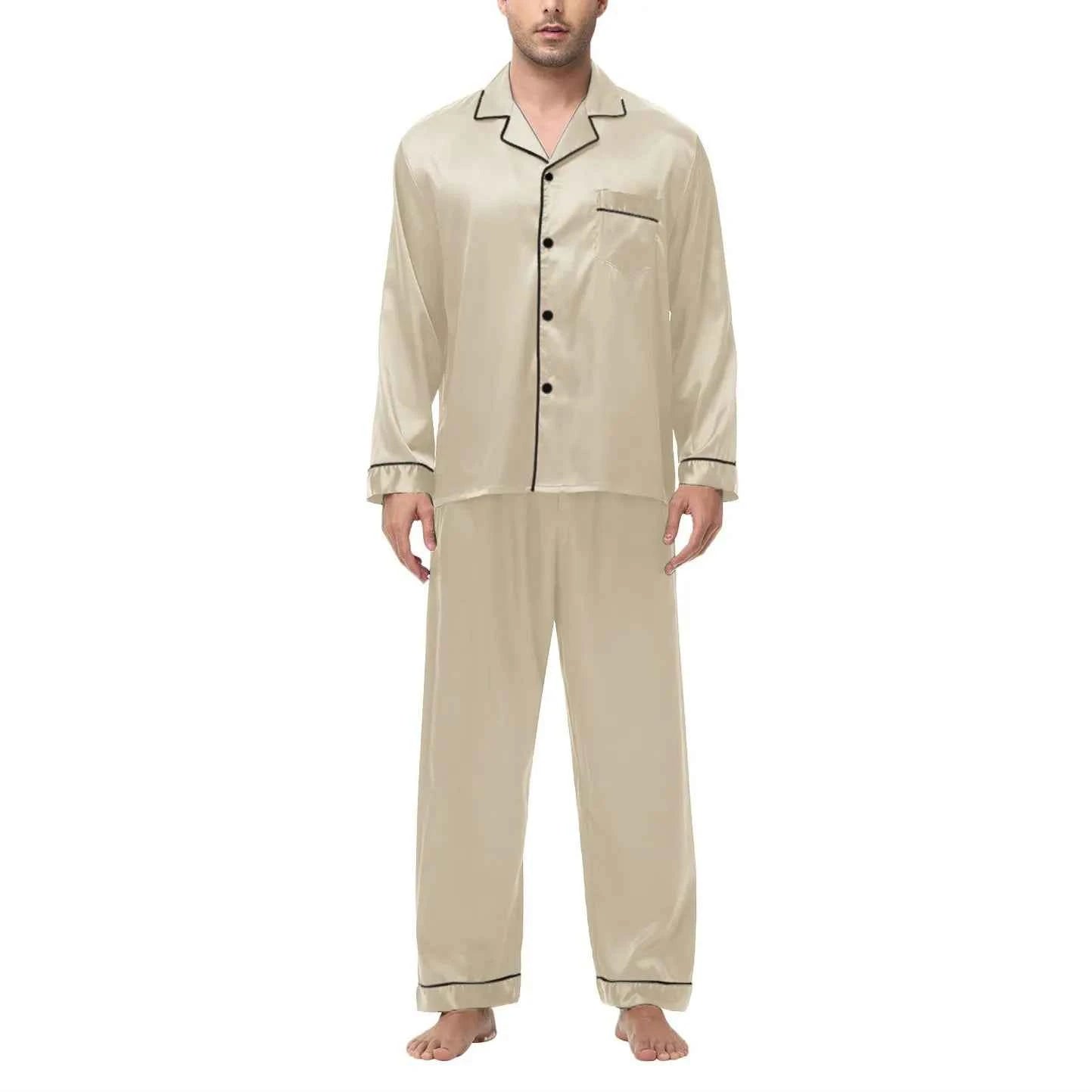 Men's Silk Satin Pajamas Set - Long Sleeve Sleepwear for Men, Soft Loungewear, S-2XL, Spring Nightwear Champagne-Solid