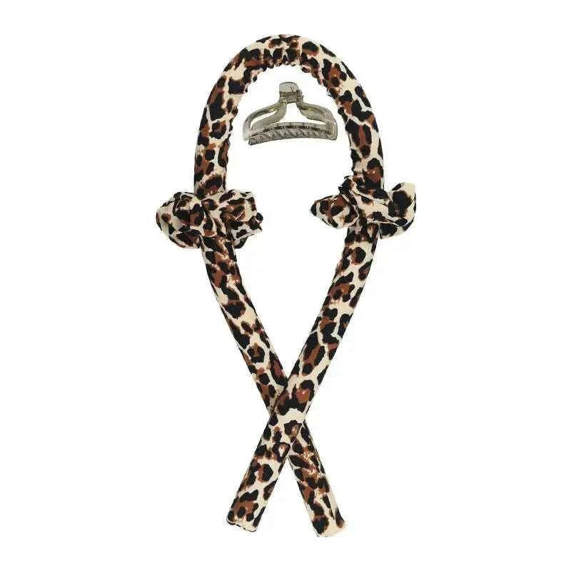 Heatless Curling Headband - Soft Silk Curls with No Heat Ribbon Hair Rollers for Effortless Hair Styling Leopard with Clip CHINA