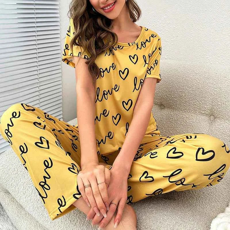 Women's Cartoon Pajama Set - Soft Short Sleeve Top and Long Pants Sleepwear for Ladies Homewear
