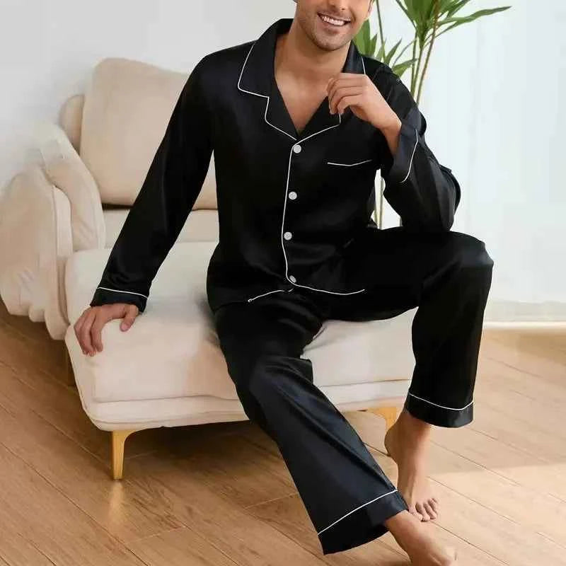Men's Satin Pajama Set with Linter Lapel Collar, Long Sleeve Tops & Pants Sleepwear for Autumn Loungewear