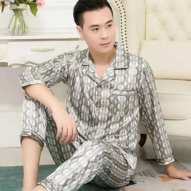 Men's Ice Silk Pajamas Set - Thin Long-sleeved Sleepwear for Spring and Autumn