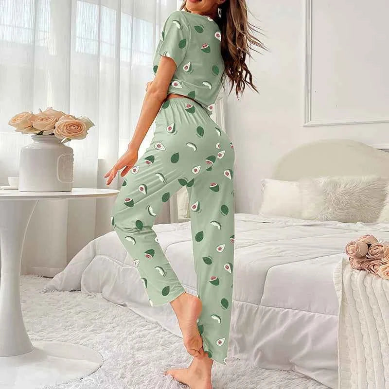Women's Cartoon Pajama Set - Soft Short Sleeve Top and Long Pants Sleepwear for Ladies Homewear