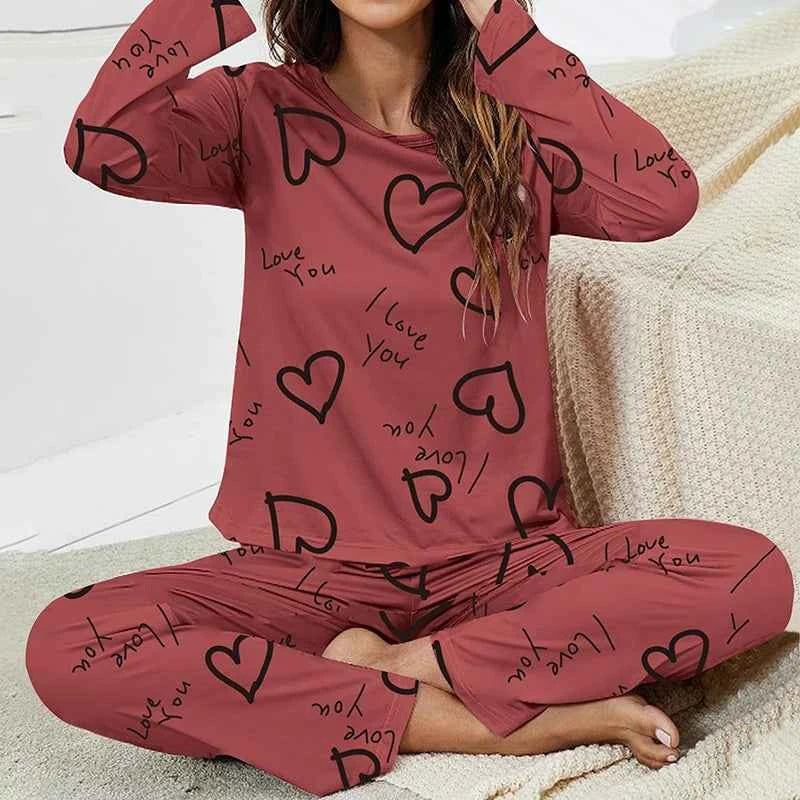 Women's Cartoon Pajama Set - Soft Short Sleeve Top and Long Pants Sleepwear for Ladies Homewear 0923B Wine Red