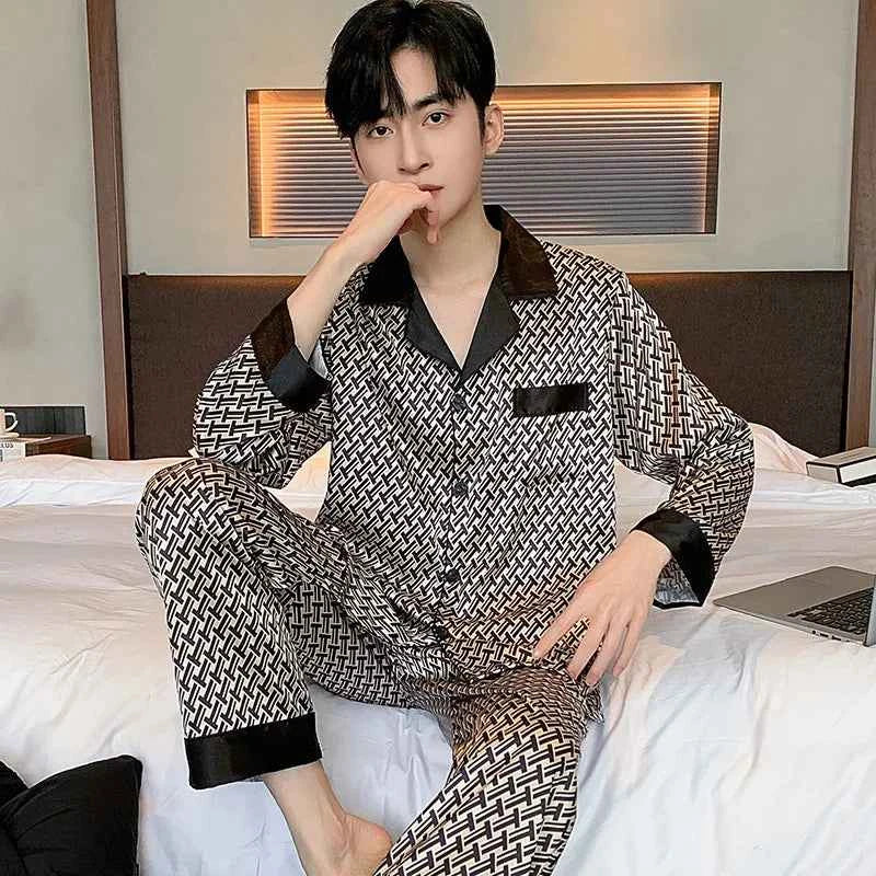 Men's Ice Silk Pajamas Set - Thin Long-sleeved Sleepwear for Spring and Autumn SY2074-509