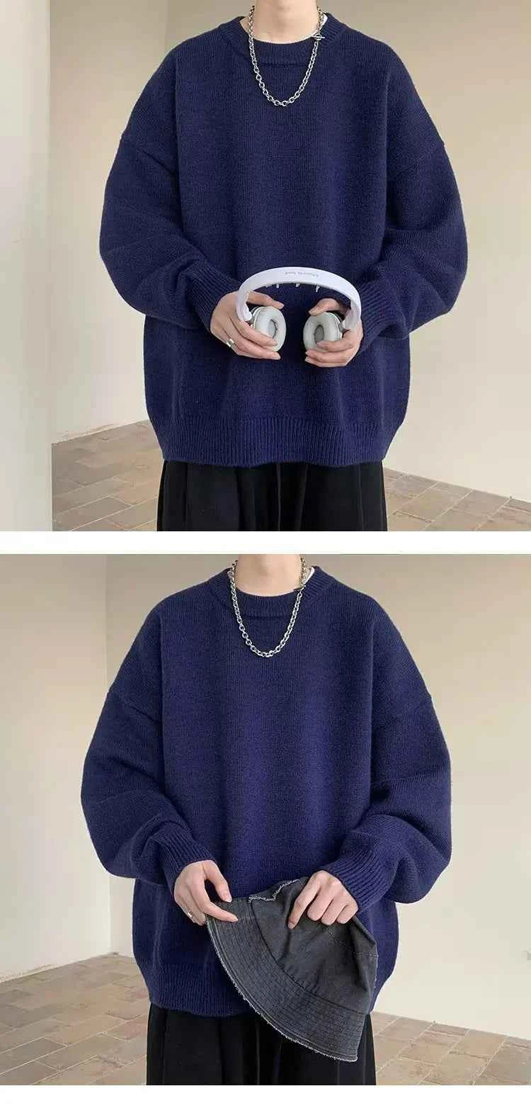 Winter Sweater Men Warm Casual Solid Color Knitted Pullover Men Oversized Korean Loose Round Neck Sweater Mens Jumper Clothes