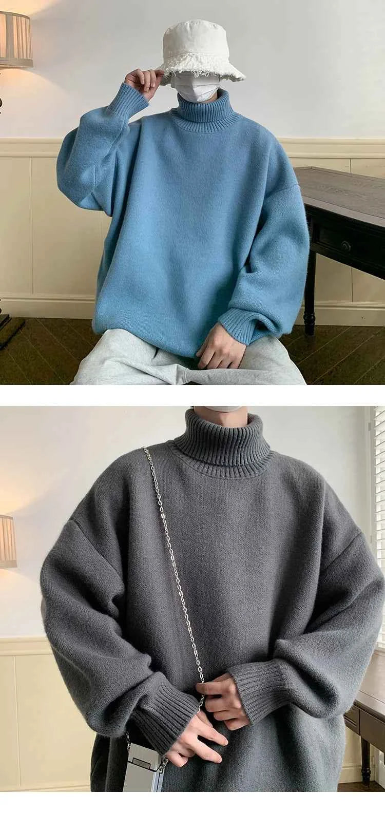 Men's Turtleneck Sweater Pullover Men Loose Casual Harajuku Korean Fashion Mens Oversized Sweater Fashion Thicken Warm Sweaters
