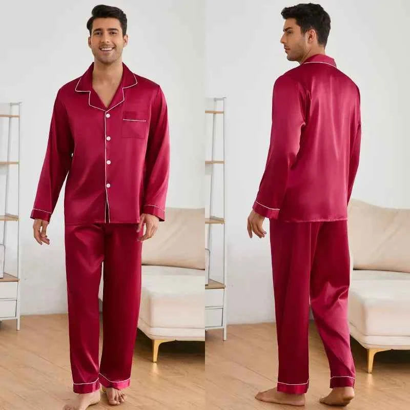 Men's Satin Pajama Sets - Long Sleeve Top and Trouser Loungewear