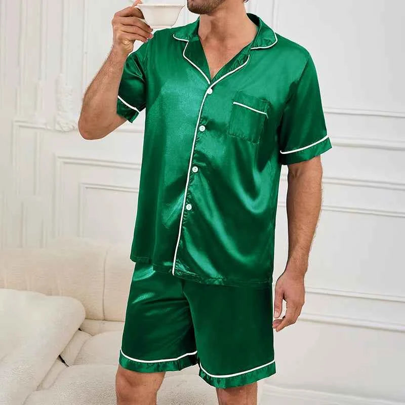 Men's Satin Pajama Set - Short Sleeve Sleepwear for Men with Button Green