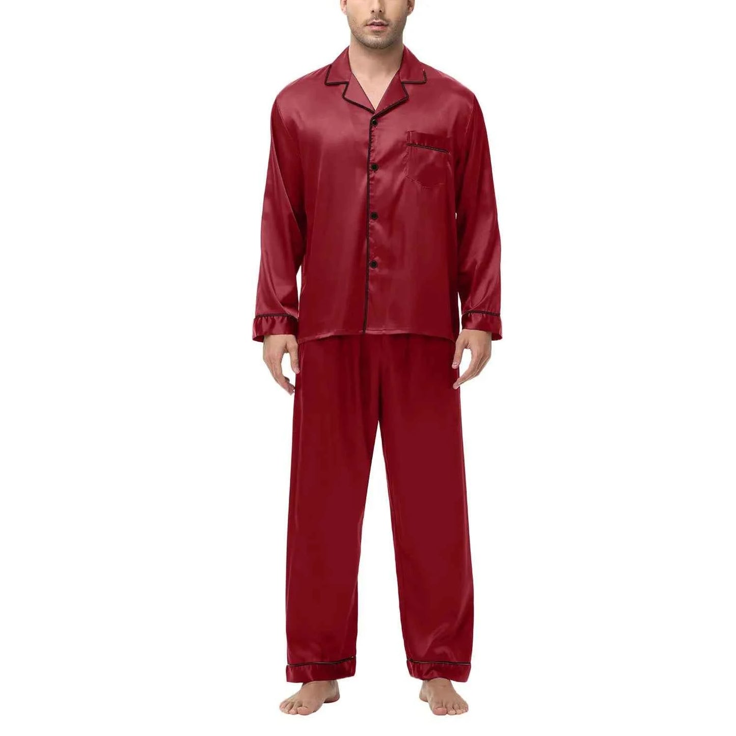 Men's Silk Satin Pajamas Set - Long Sleeve Sleepwear for Men, Soft Loungewear, S-2XL, Spring Nightwear Red-Solid