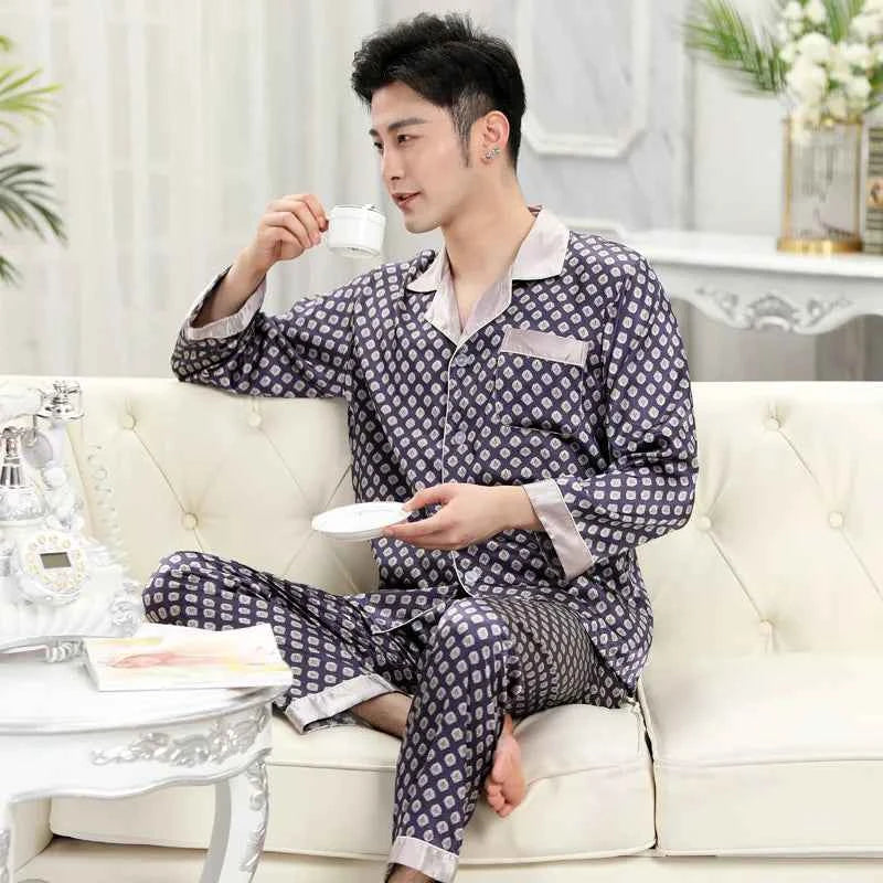 Men's Ice Silk Pajamas Set - Thin Long-sleeved Sleepwear for Spring and Autumn