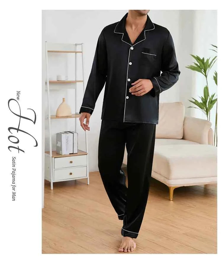 Men's Satin Pajama Sets - Long Sleeve Top and Trouser Loungewear