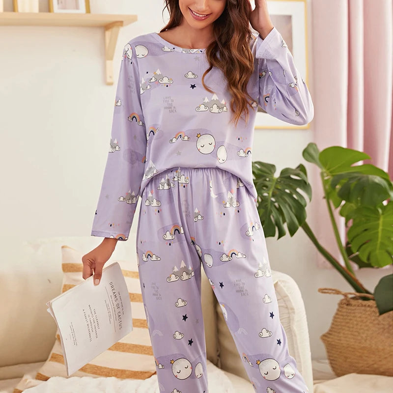 Women's Cartoon Pajama Set - Soft Short Sleeve Top and Long Pants Sleepwear for Ladies Homewear 0923B Pueple