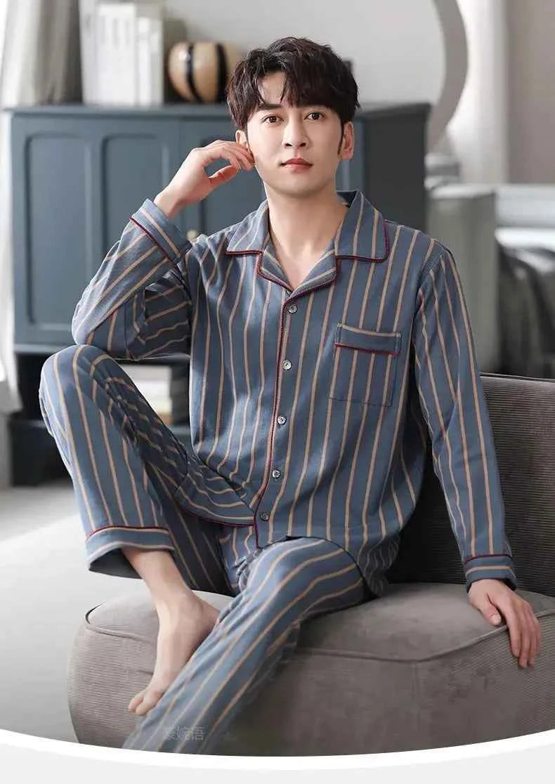 Spring Men's Pajamas Set for Fall and Winter - Long-Sleeved Top and Long Pants