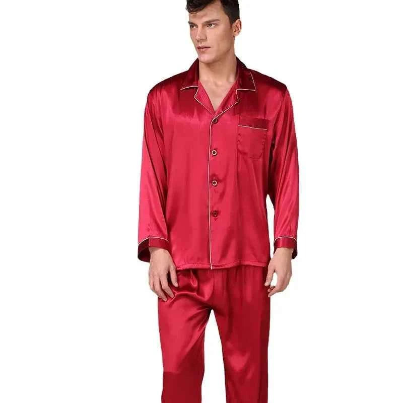 Silk Satin Pajamas for Men Sleepwear Cozy Soft Print Long Sleeve Nightgown Tops+ Trousers Two Pieces Mens Pajama Set 1 7