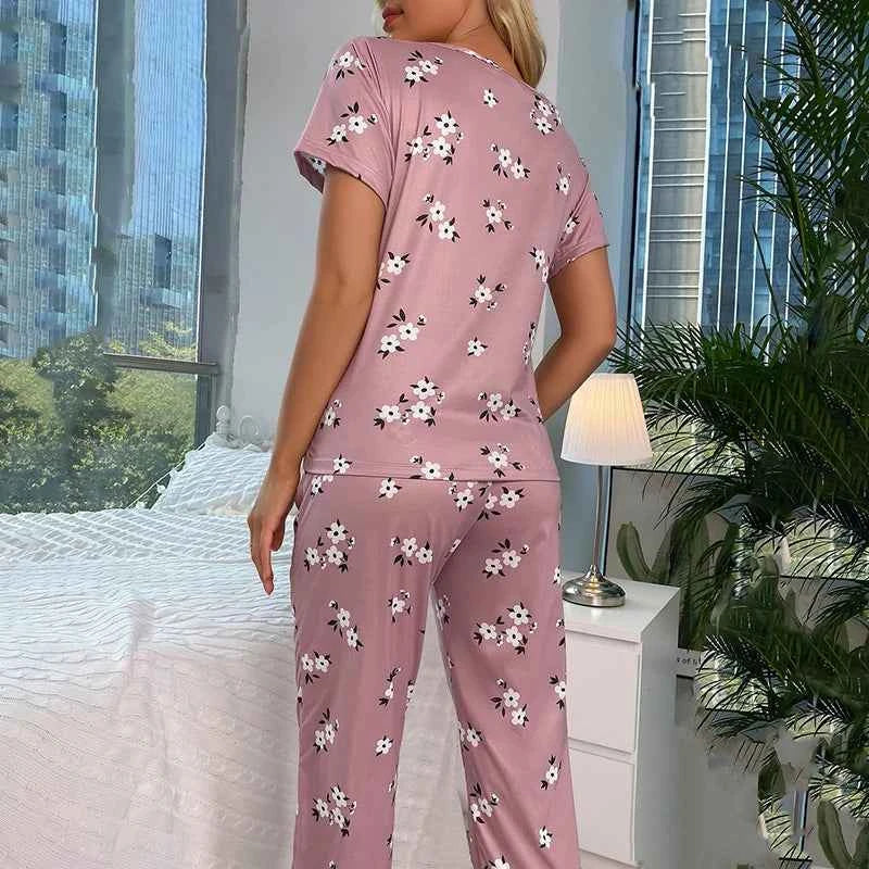 Women's Cartoon Pajama Set - Soft Short Sleeve Top and Long Pants Sleepwear for Ladies Homewear