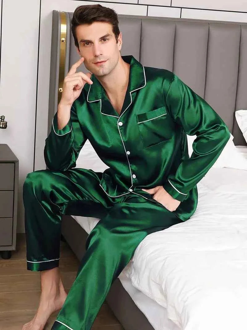 Men's Satin Pajama Sets - Long Sleeve Top and Trouser Loungewear green
