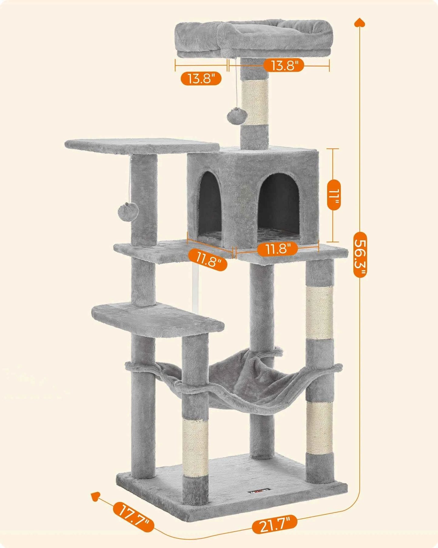 Feandrea Cat Tree for Indoor Cats - 56.3-Inch Multi-Level Cat Tower with 4 Scratching Posts, 2 Perches, Hammock, and Cave