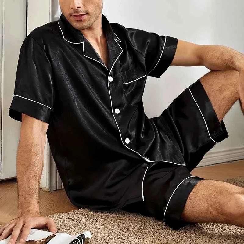 Men's Satin Pajama Set - Short Sleeve Sleepwear for Men with Button Black