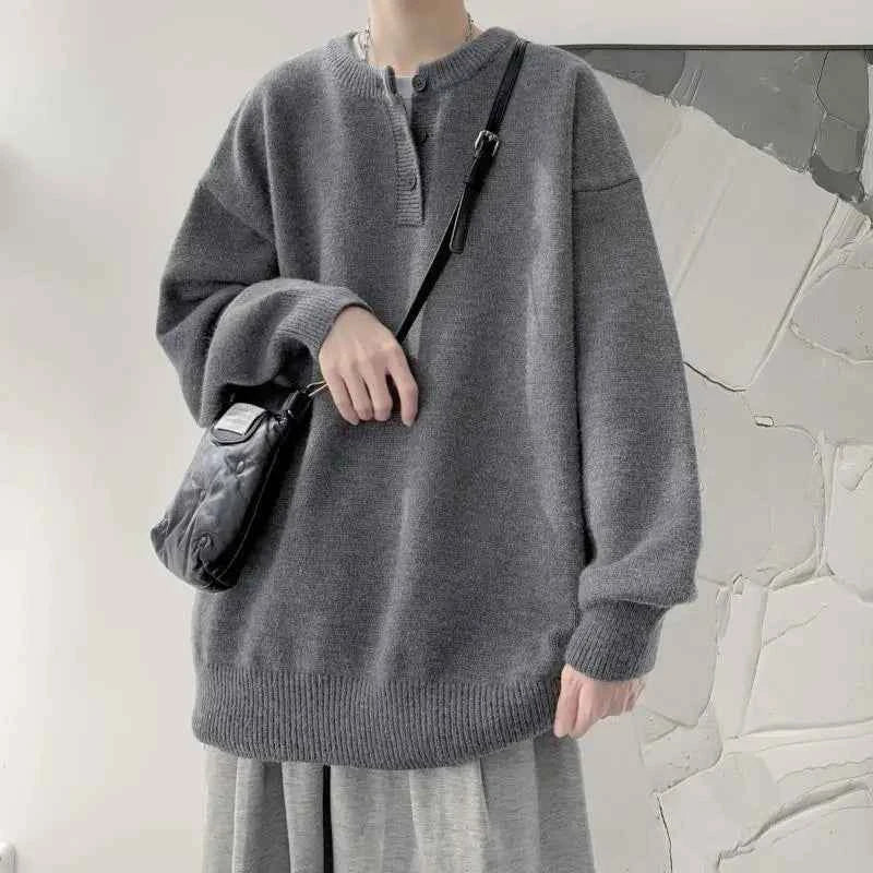 Cleanfit Men's Winter Thickened Warm Knitted Sweater Henry Collar Loose Lazy Style Solid Color Knitwear Long Sleeve Princess... DARK GRAY