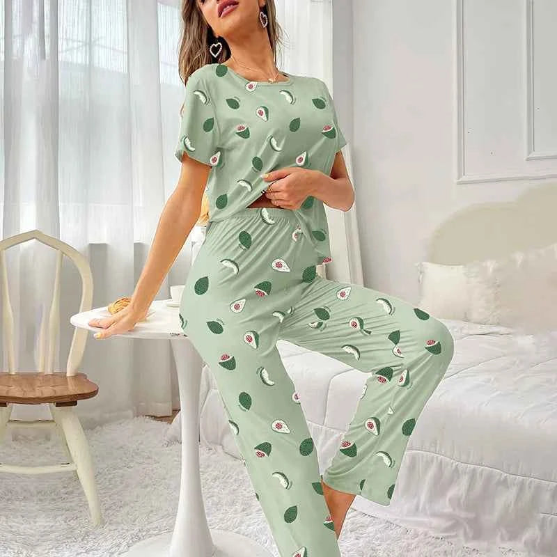 Women's Cartoon Pajama Set - Soft Short Sleeve Top and Long Pants Sleepwear for Ladies Homewear