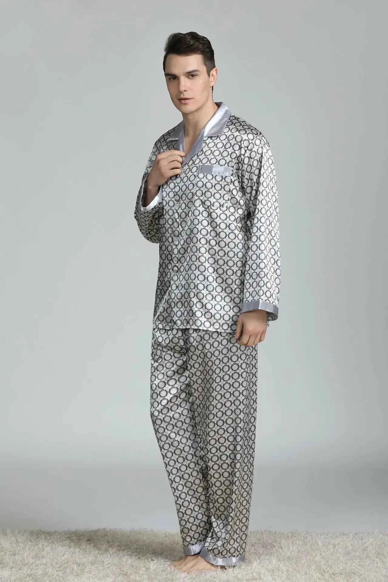 Silk Satin Pajamas for Men Sleepwear Cozy Soft Print Long Sleeve Nightgown Tops+ Trousers Two Pieces Mens Pajama Set