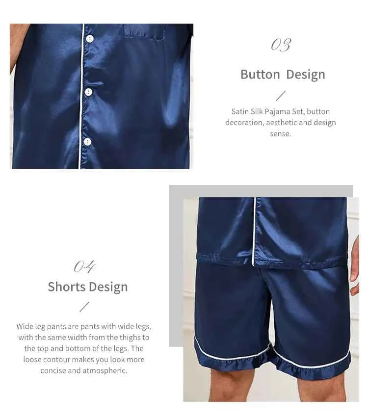 Men's Satin Pajama Set - Short Sleeve Sleepwear for Men with Button