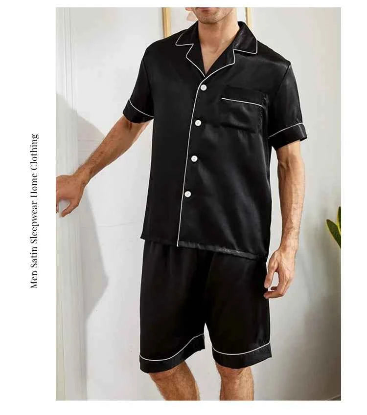 Men's Satin Pajama Set - Short Sleeve Sleepwear for Men with Button