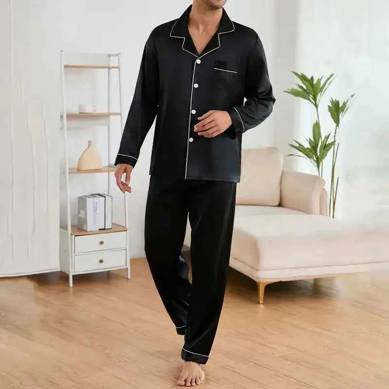 Men's Satin Pajama Set with Linter Lapel Collar, Long Sleeve Tops & Pants Sleepwear for Autumn Loungewear