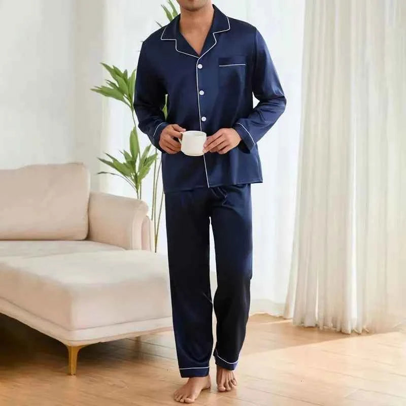 Men's Satin Pajama Set with Linter Lapel Collar, Long Sleeve Tops & Pants Sleepwear for Autumn Loungewear