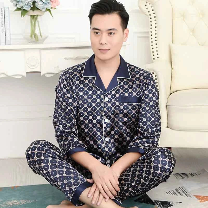 Men's Ice Silk Pajamas Set - Thin Long-sleeved Sleepwear for Spring and Autumn SY5004-044-long