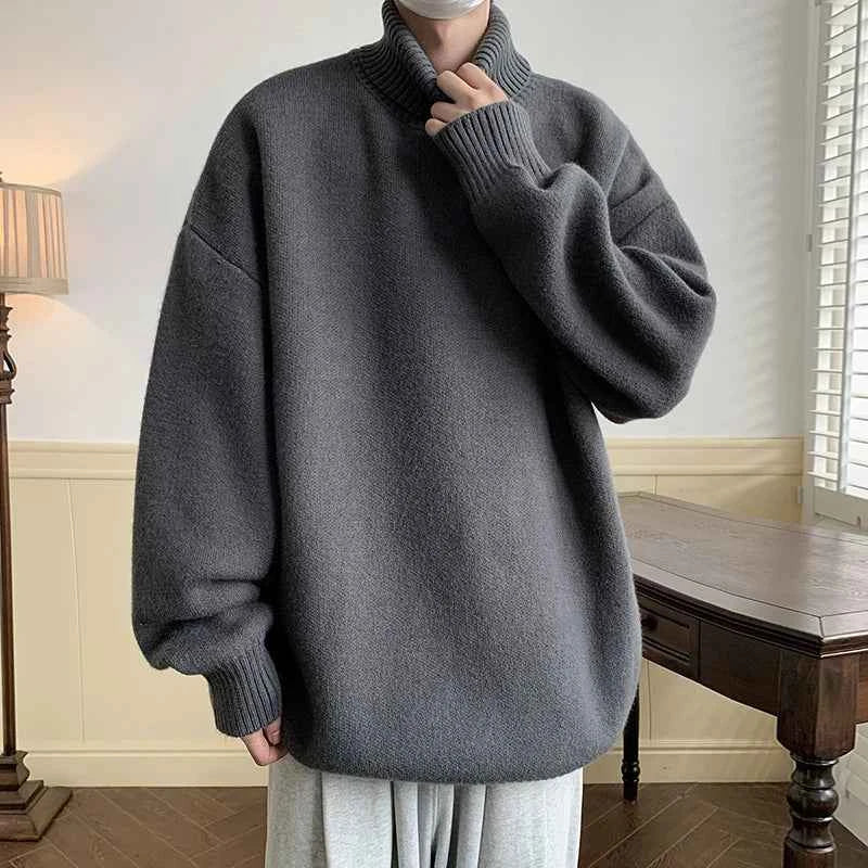Men's Turtleneck Sweater Pullover Men Loose Casual Harajuku Korean Fashion Mens Oversized Sweater Fashion Thicken Warm Sweaters Dark Grey