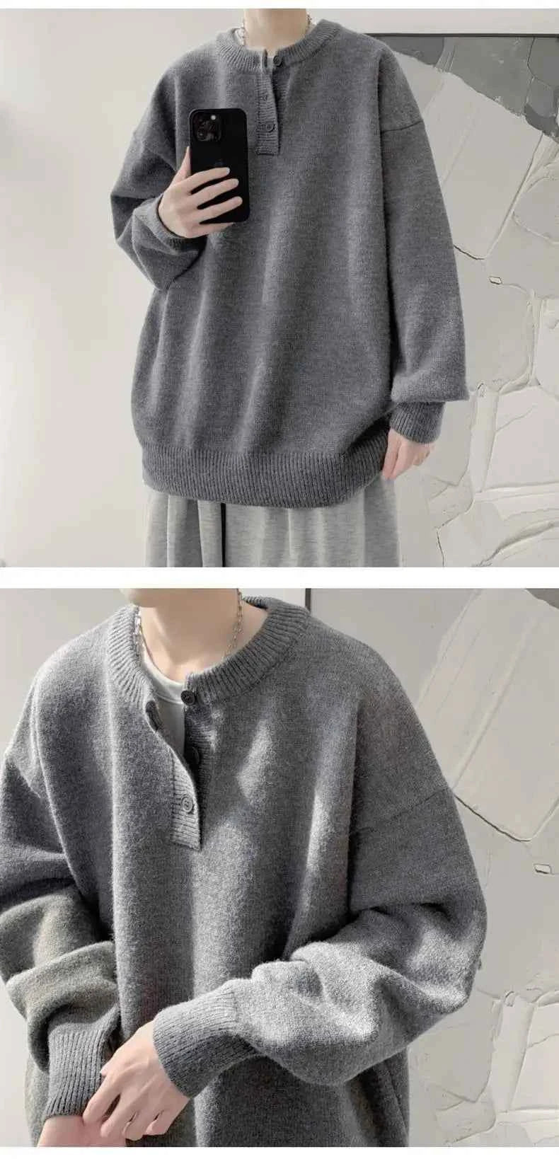 Cleanfit Men's Winter Thickened Warm Knitted Sweater Henry Collar Loose Lazy Style Solid Color Knitwear Long Sleeve Princess...