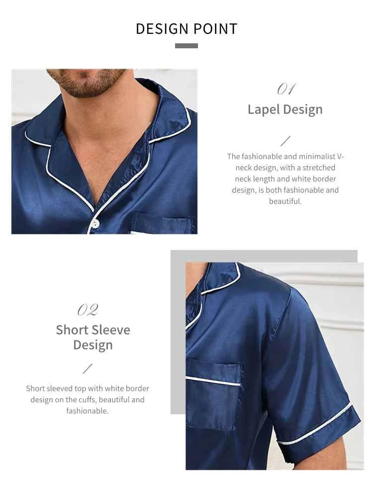 Men's Satin Pajama Set - Short Sleeve Sleepwear for Men with Button