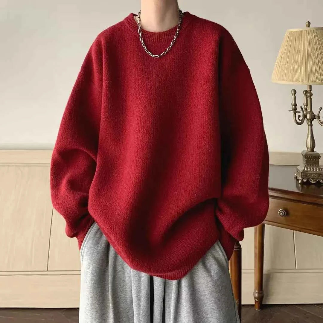 Winter Sweater Men Warm Casual Solid Color Knitted Pullover Men Oversized Korean Loose Round Neck Sweater Mens Jumper Clothes Red