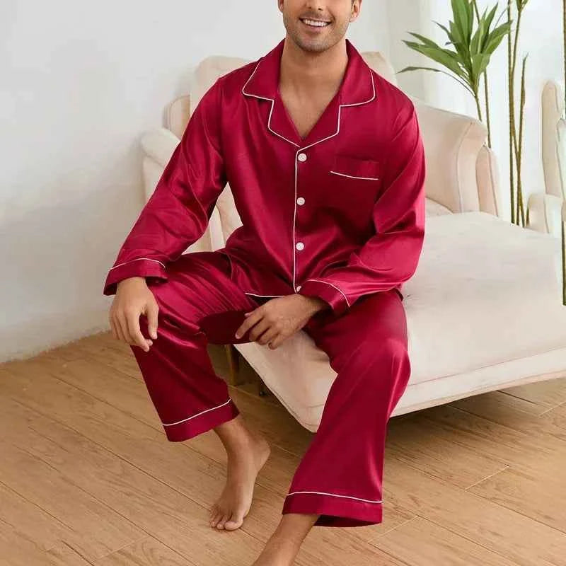 Men's Satin Pajama Sets - Long Sleeve Top and Trouser Loungewear