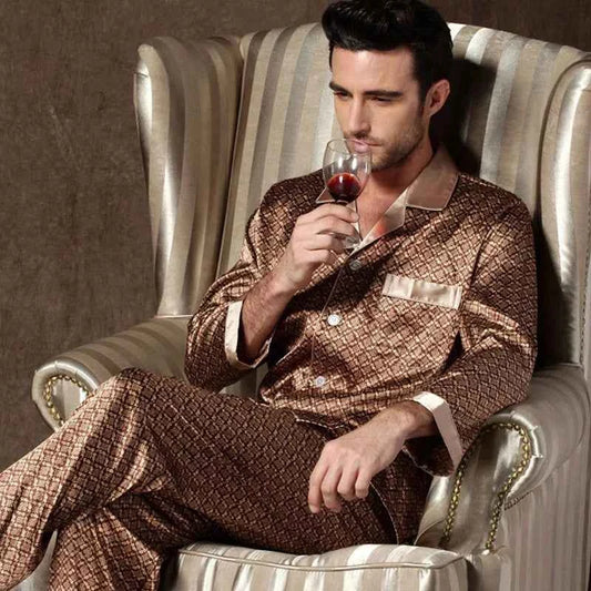 Men's Ice Silk Pajamas Set - Thin Long-sleeved Sleepwear for Spring and Autumn SY5004-030-Long