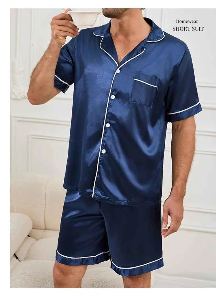 Men's Satin Pajama Set - Short Sleeve Sleepwear for Men with Button