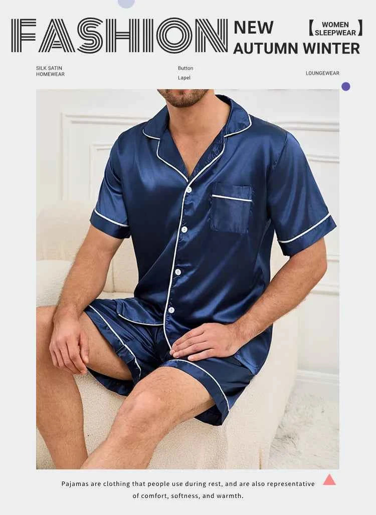Men's Satin Pajama Set - Short Sleeve Sleepwear for Men with Button