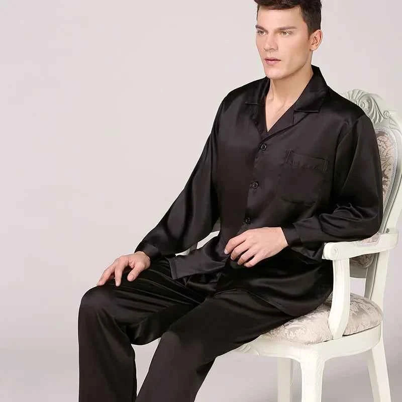 Silk Satin Pajamas for Men Sleepwear Cozy Soft Print Long Sleeve Nightgown Tops+ Trousers Two Pieces Mens Pajama Set black 2