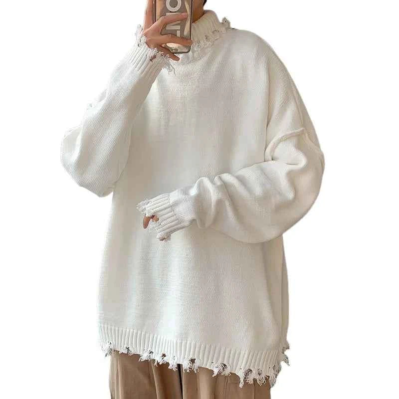 Sweaters for Men and Women, Ripped Edges, Irregular Frayed Sweaters, Couples Trend, Loose Half High Collar Autumn and Winter